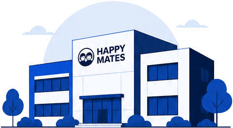 Happy Mates Fi office building illustration